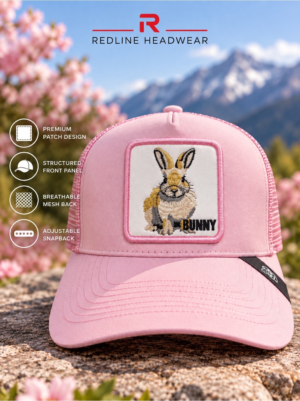 Pink Bunny Patch Trucker Hat Embroidered Rabbit Snapback Cap